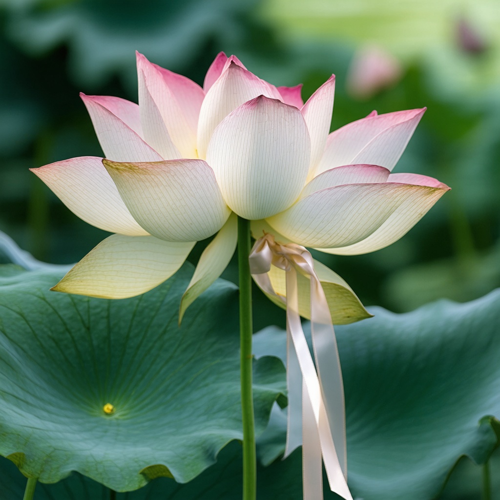 with a ribbon tied to the stem, open petals, in a botanical garden