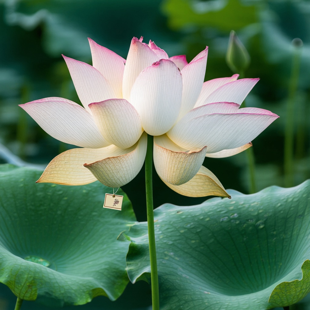 with a small tag, upright stem, in a lotus pond