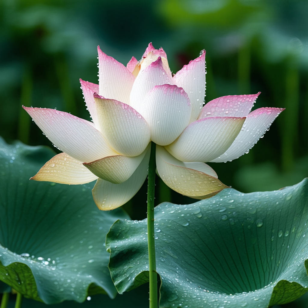 with dew drops, petals half-open, near a water garden