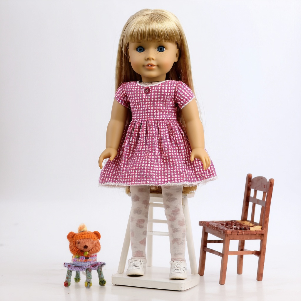 with a small prop nearby, head tilted, on a chair