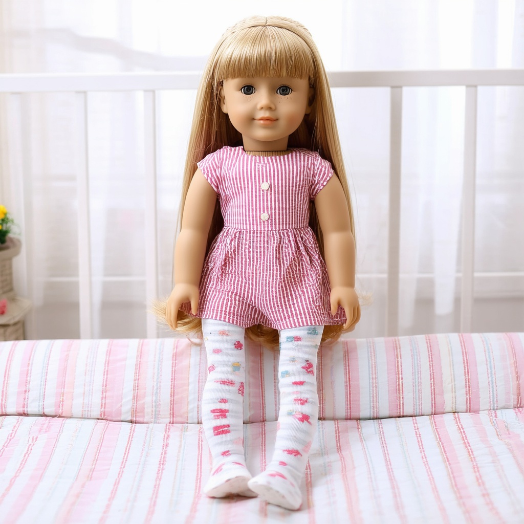 with a stripe pattern, sitting with legs forward, on a bed