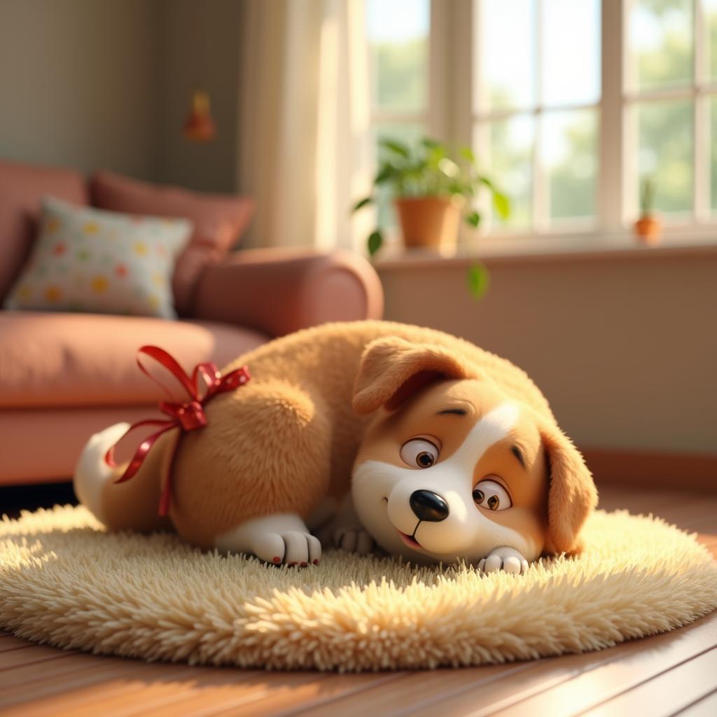 with a ribbon, lying curled up, on a cozy living-room rug