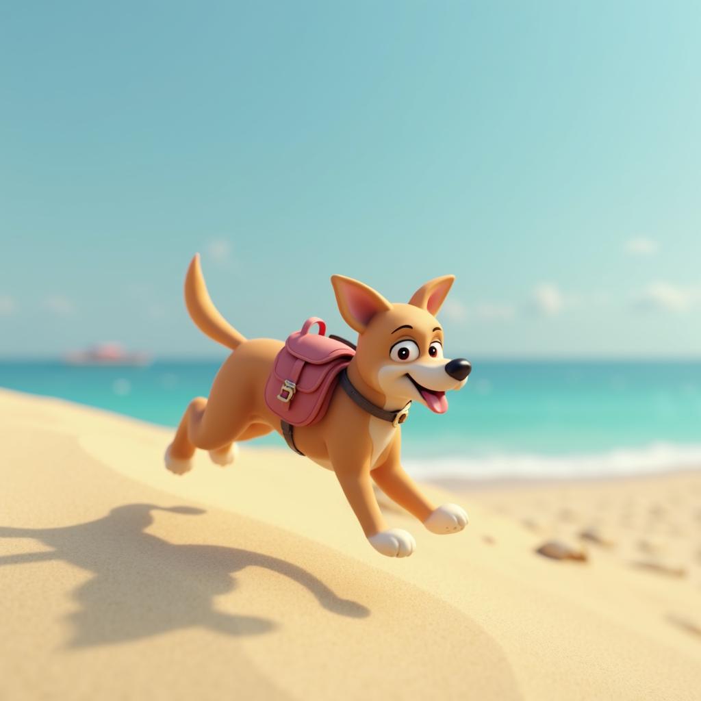 with a small backpack, jumping forward, at a sandy beach