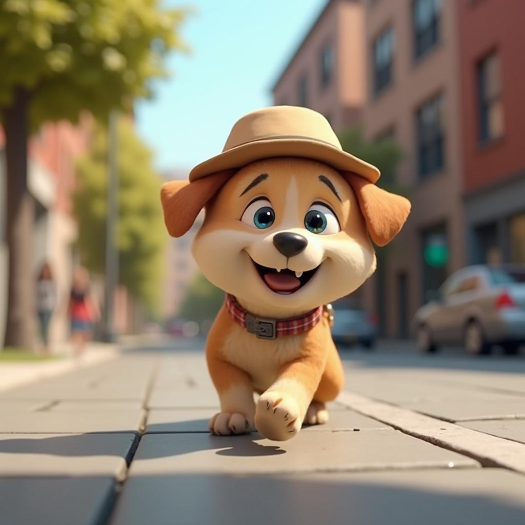 with a tiny hat, running mid-stride, on a city sidewalk
