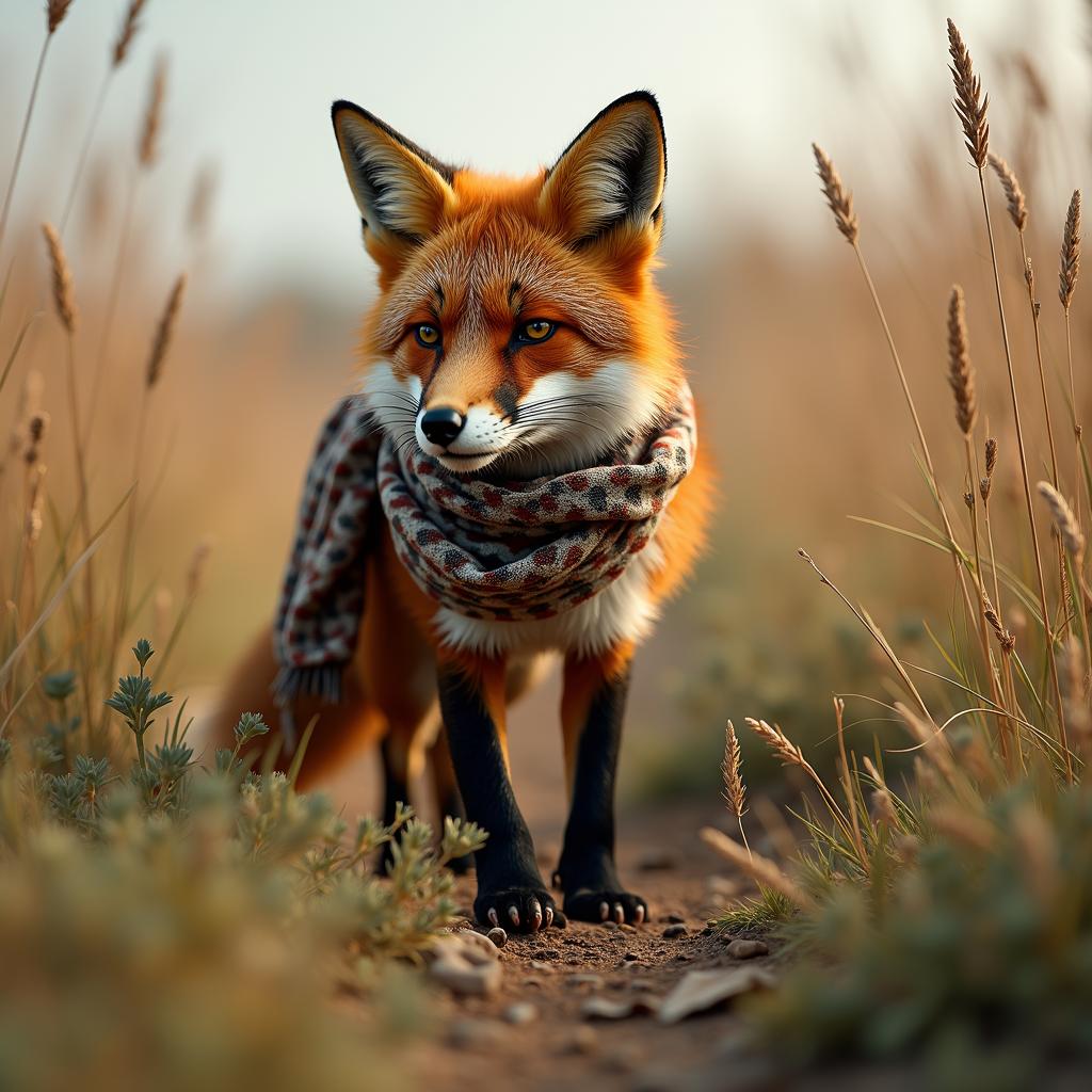 with a patterned scarf, moving low to the ground, in tall grass