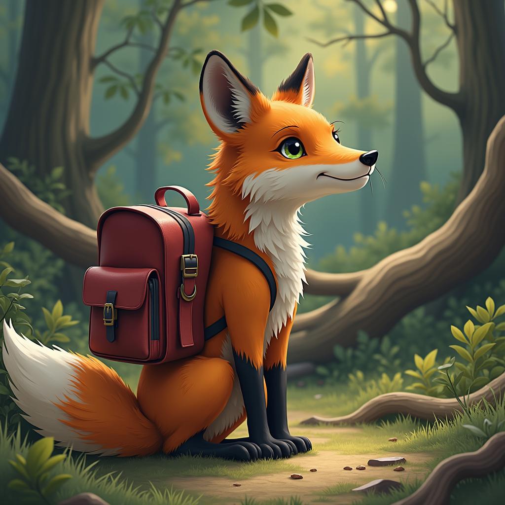 with a small backpack, ears angled back, near a fallen log