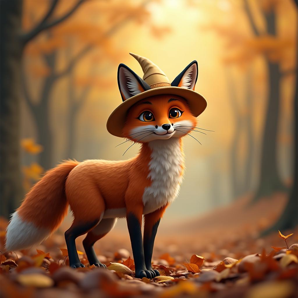 with a tiny hat, standing alert, in an autumn forest
