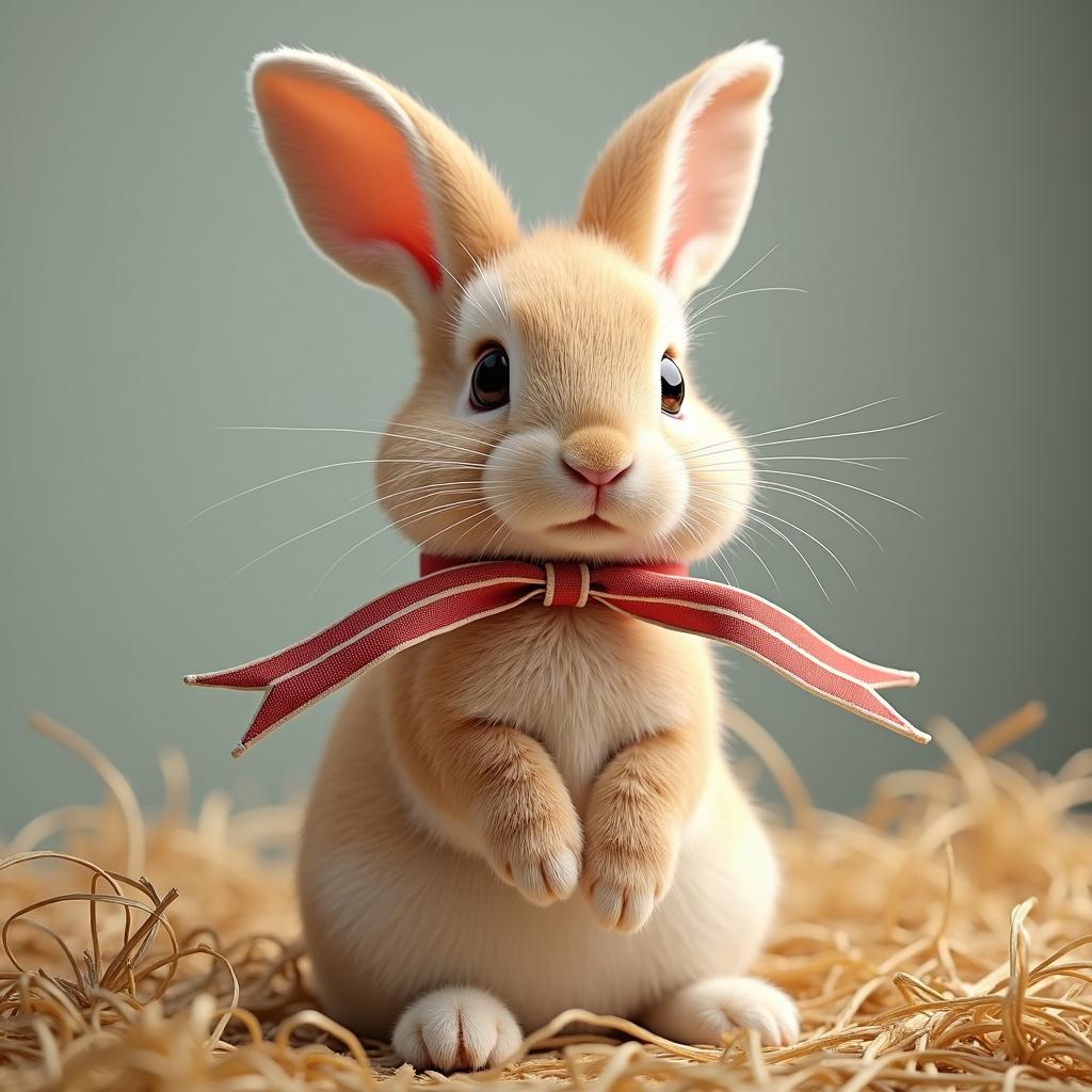 with a ribbon, sitting upright, on soft hay