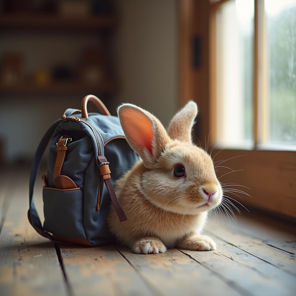 with a small backpack, lying flat, in a small pen