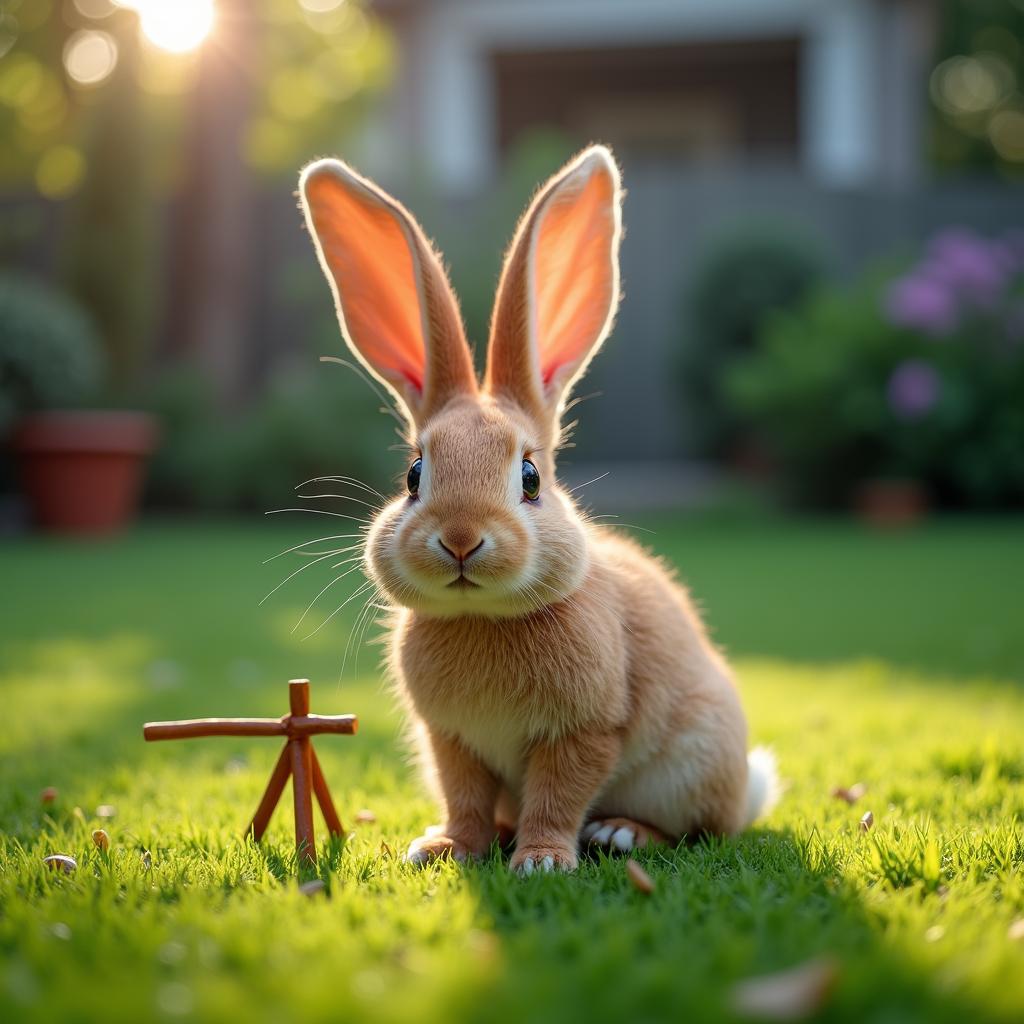 with a small prop nearby, ears perked up, on a backyard lawn