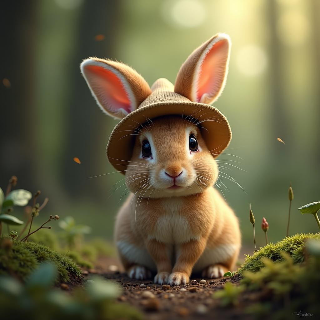 with a tiny hat, nose twitching, on a forest floor
