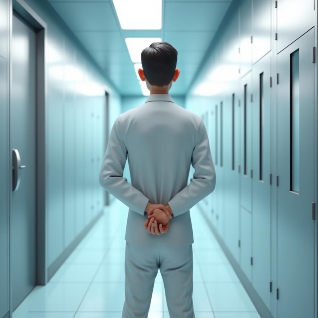 with short hair, hands behind back, in a cleanroom