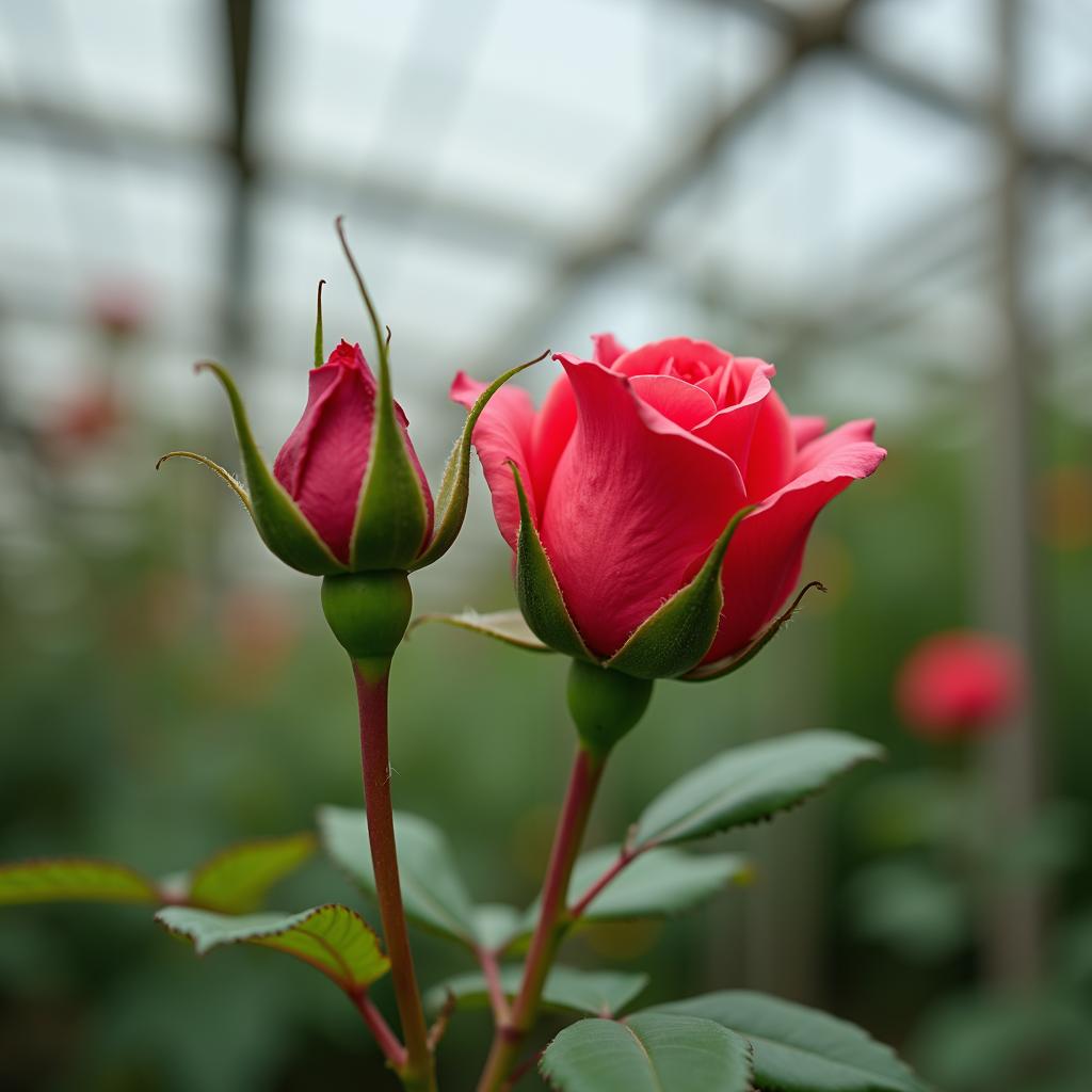 with a bud nearby, slightly tilted stem, in a greenhouse