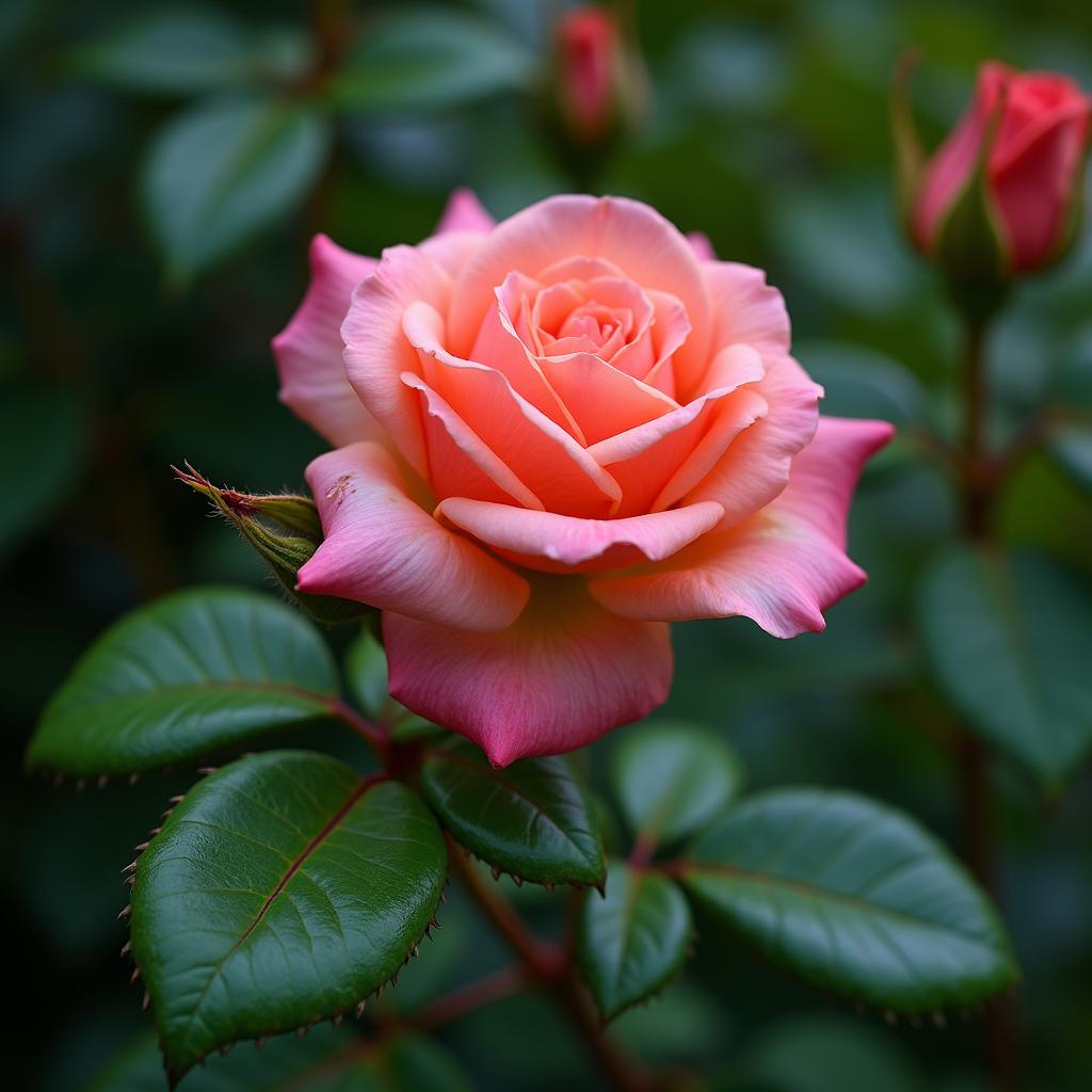 with a leaf curl, clustered petals, near a hedge