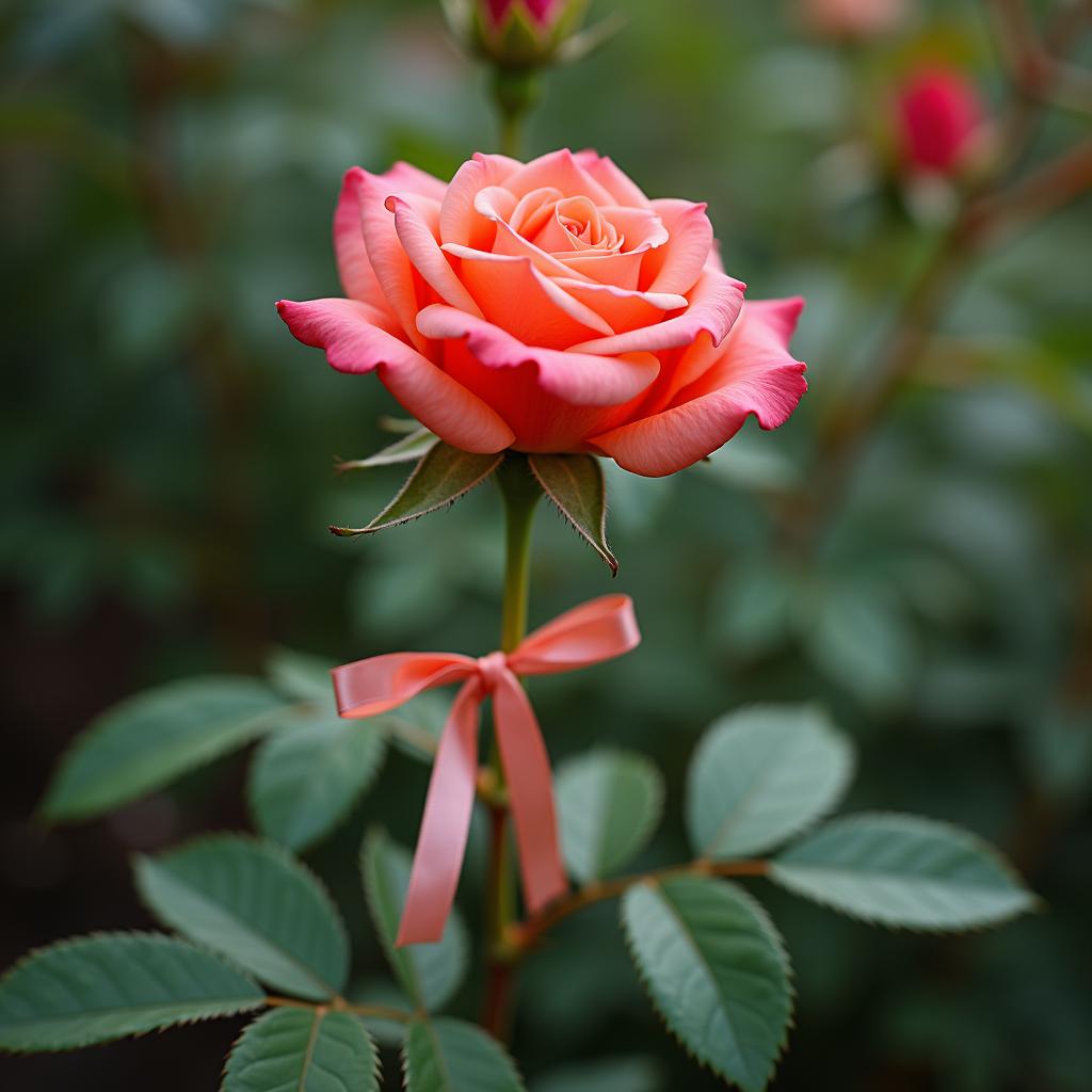 with a ribbon tied to the stem, bloom facing camera, in a flower garden