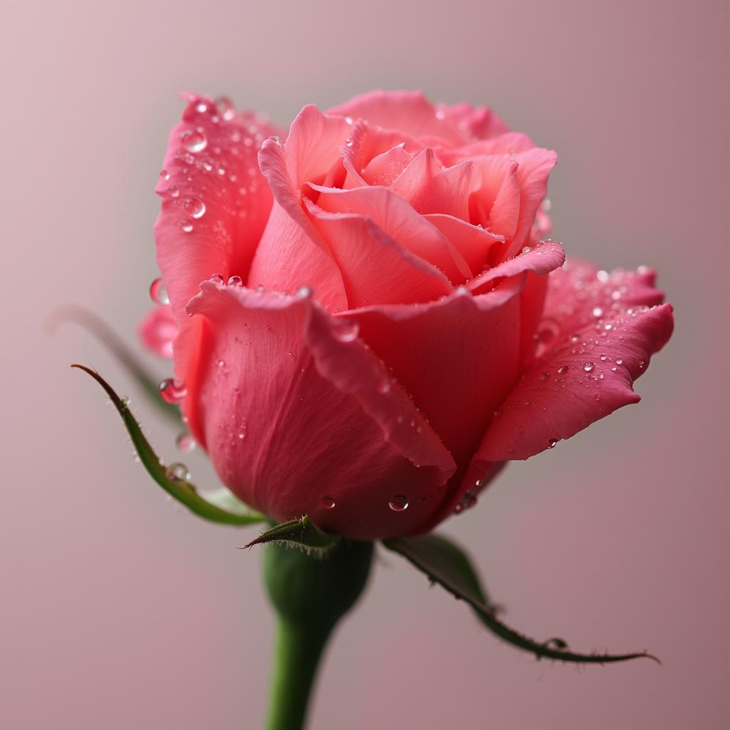 with dew drops, bloom, against a plain studio backdrop