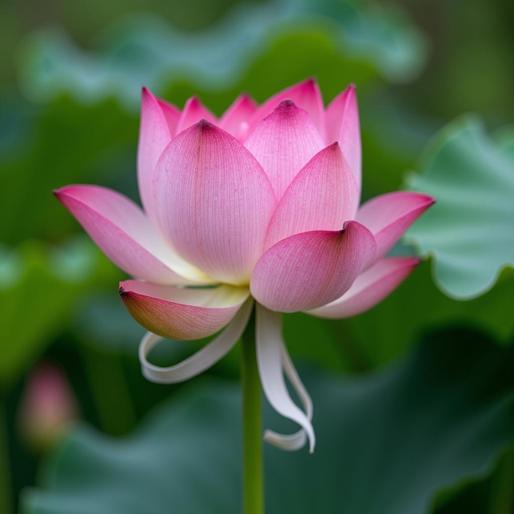 with a ribbon tied to the stem, open petals, in a botanical garden