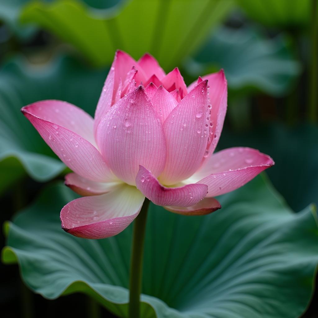 with dew drops, petals half-open, near a water garden