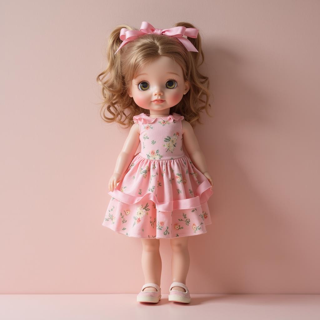 with a ribbon, facing camera, against a plain backdrop