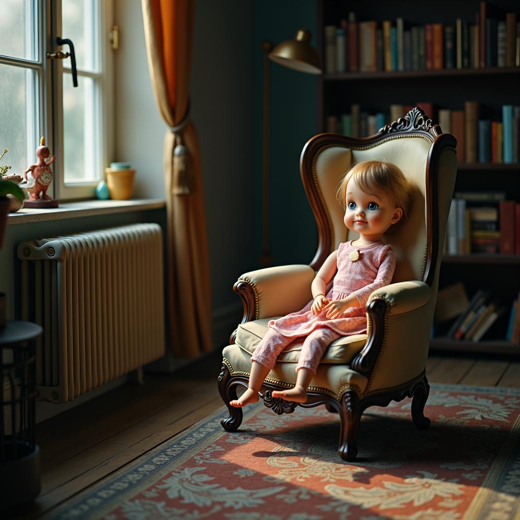 with a small prop nearby, head tilted, on a chair