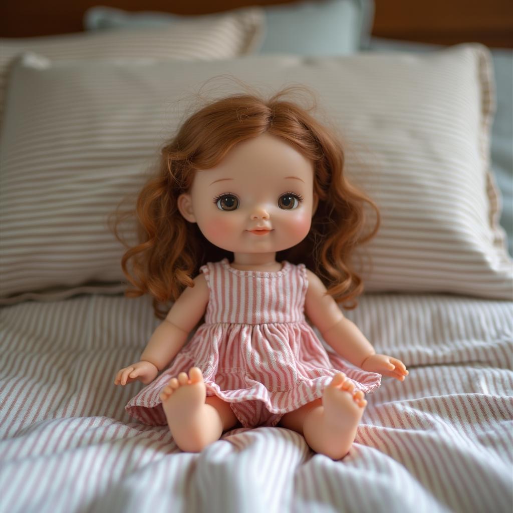 with a stripe pattern, sitting with legs forward, on a bed