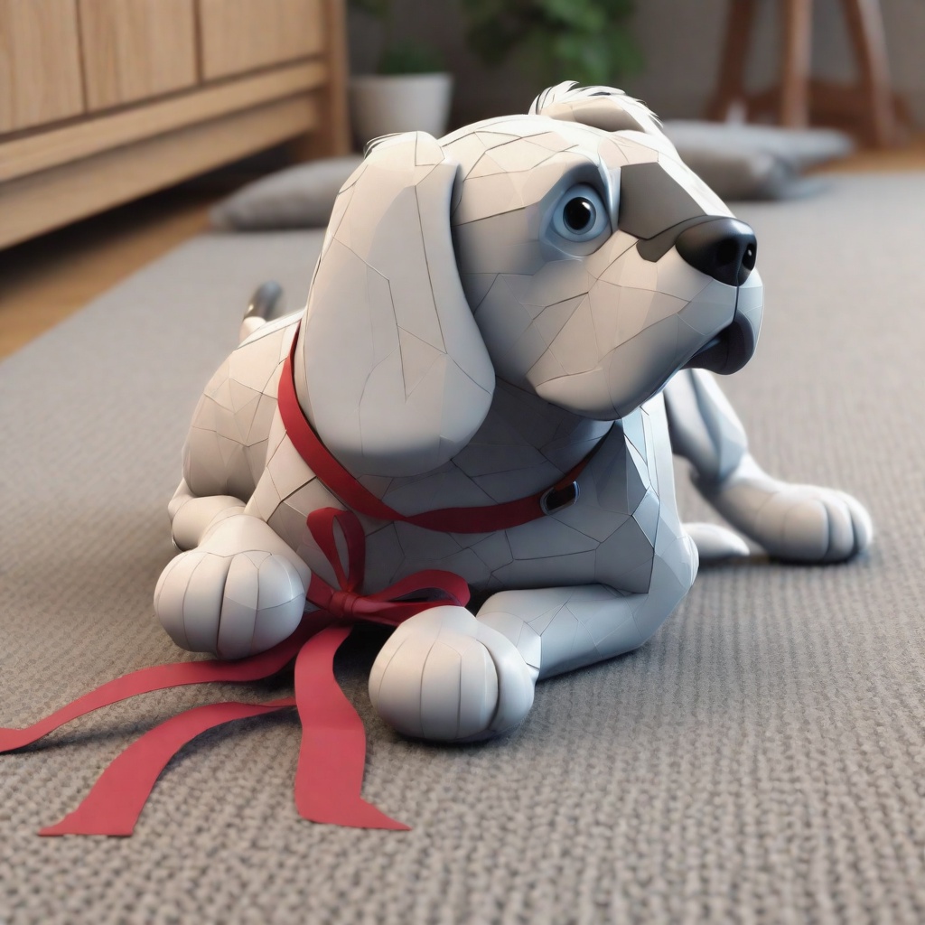 with a ribbon, lying curled up, on a cozy living-room rug