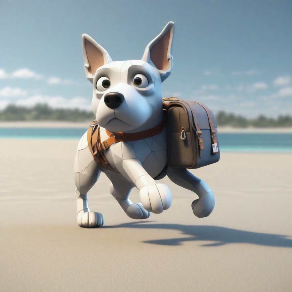 with a small backpack, jumping forward, at a sandy beach