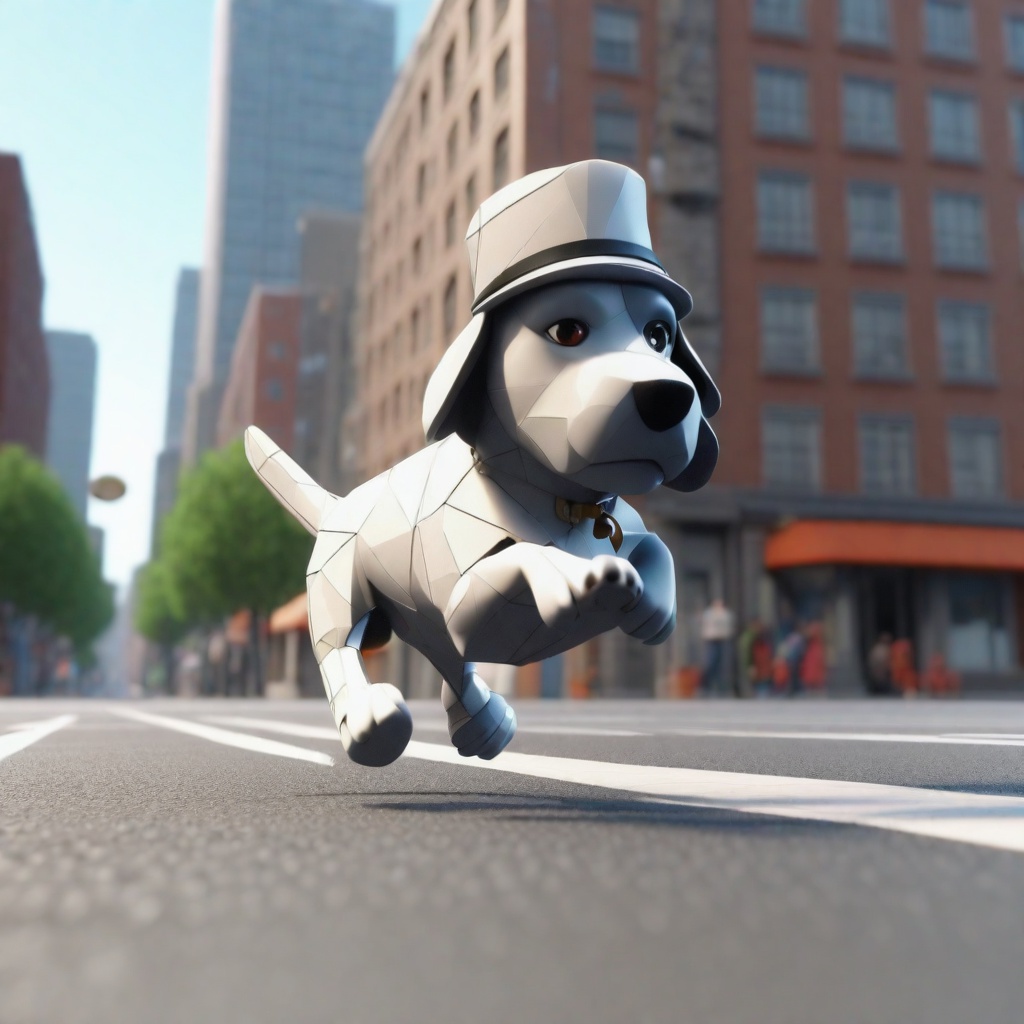 with a tiny hat, running mid-stride, on a city sidewalk
