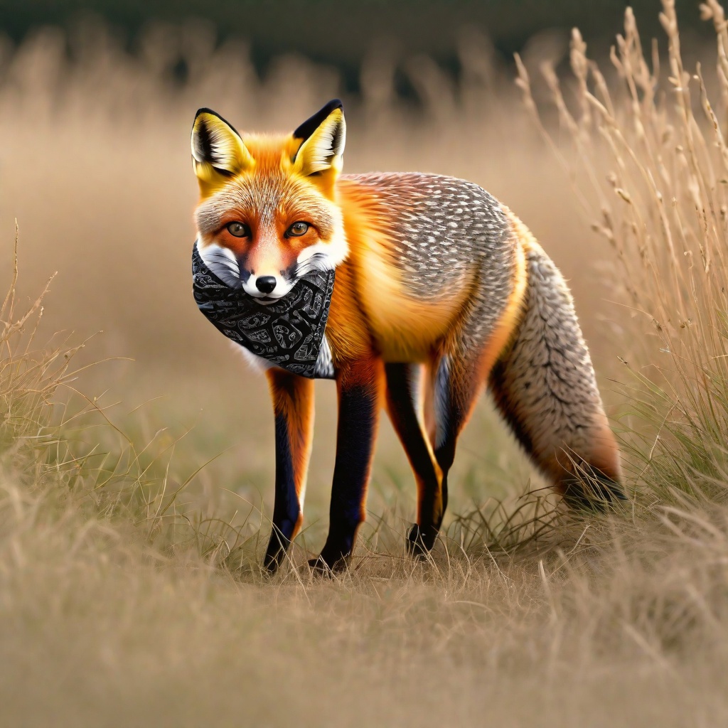 with a patterned scarf, moving low to the ground, in tall grass