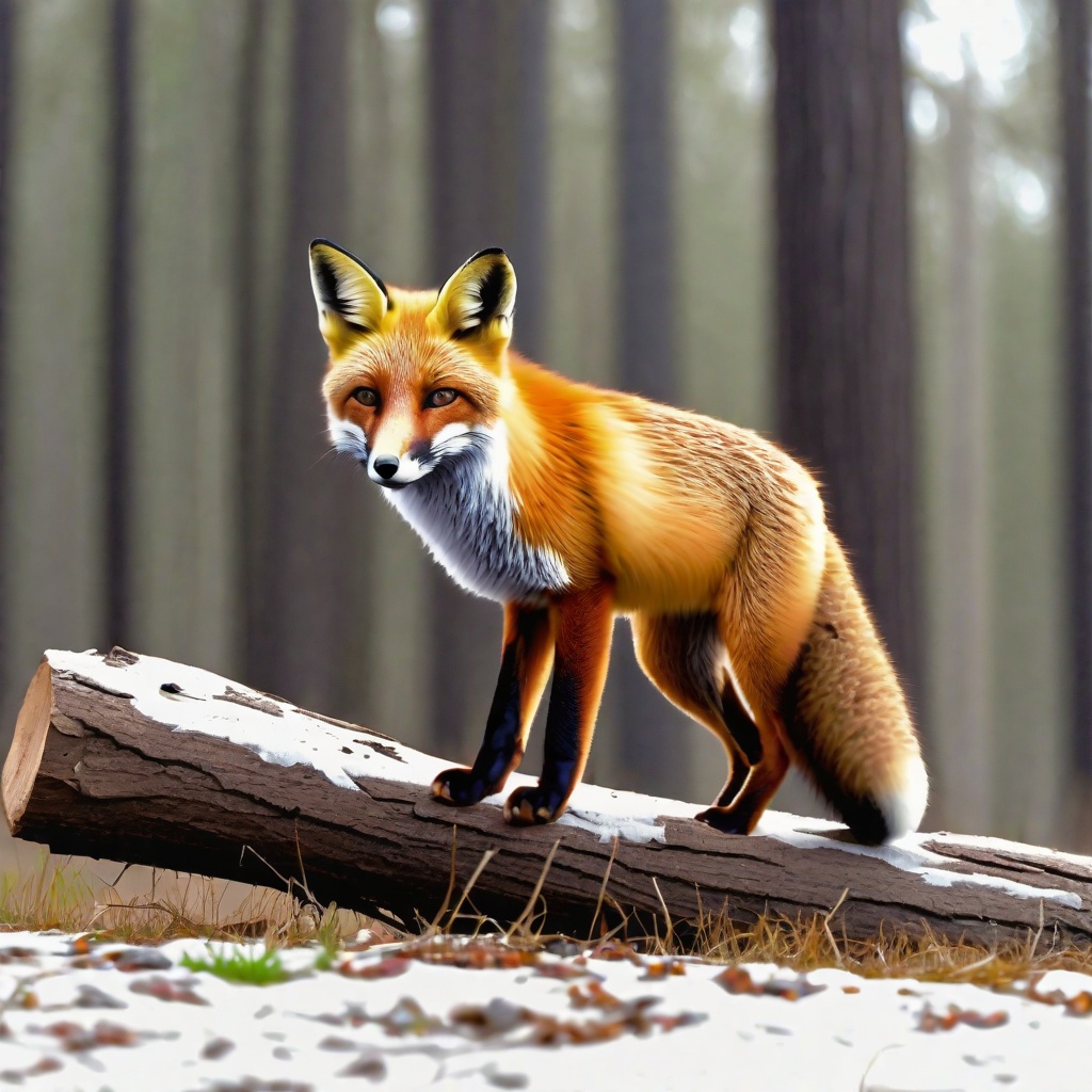 with a small backpack, ears angled back, near a fallen log