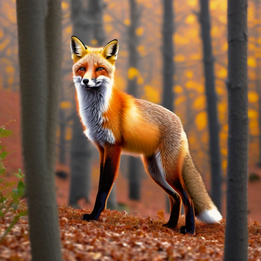 with a tiny hat, standing alert, in an autumn forest