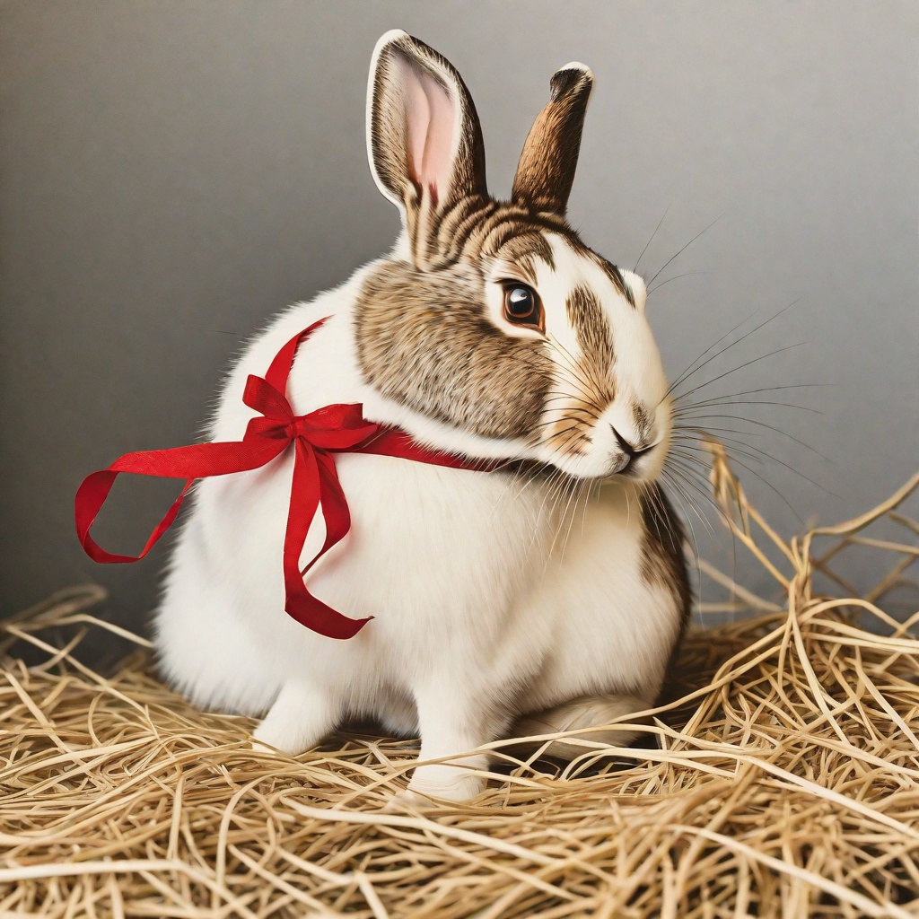 with a ribbon, sitting upright, on soft hay