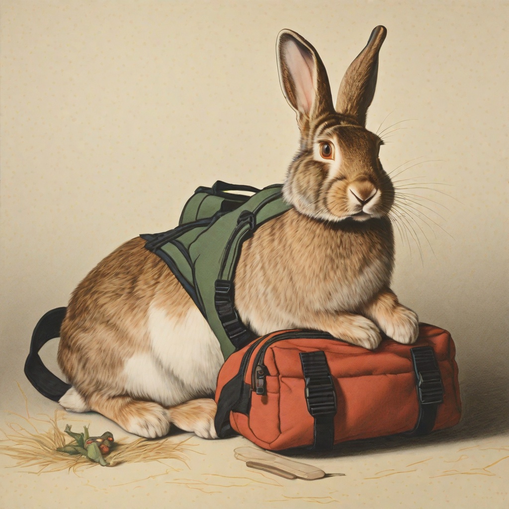 with a small backpack, lying flat, in a small pen