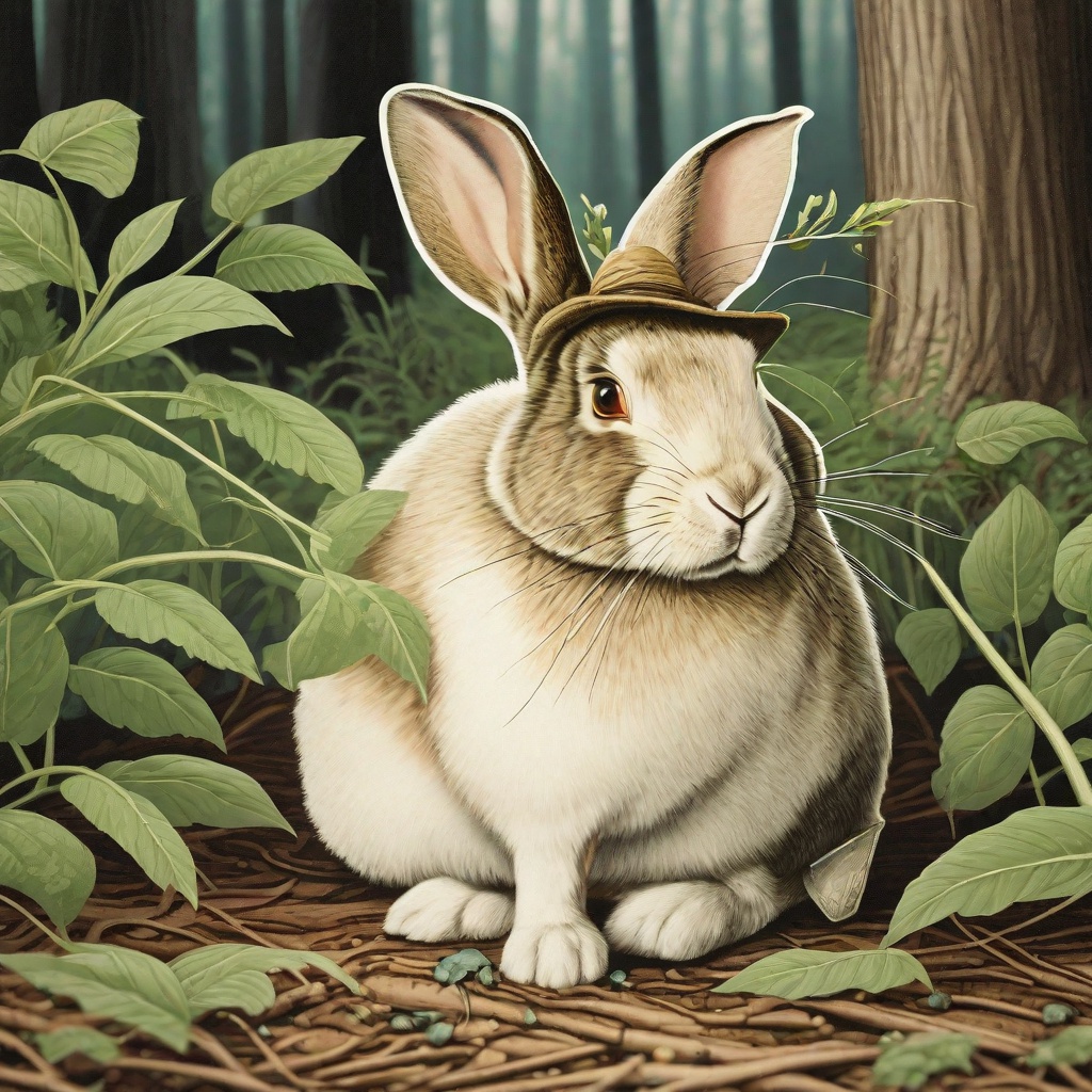 with a tiny hat, nose twitching, on a forest floor