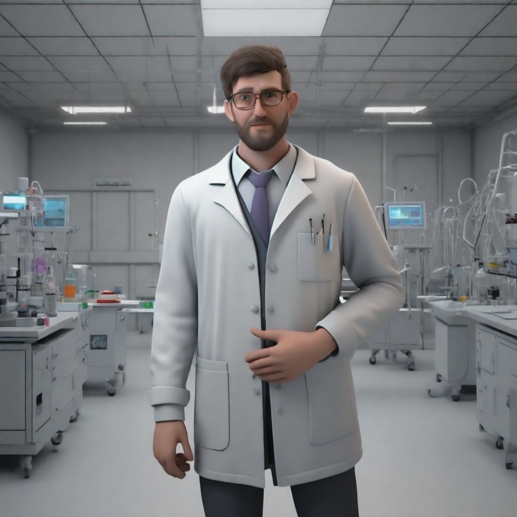 with short hair, hands behind back, in a cleanroom