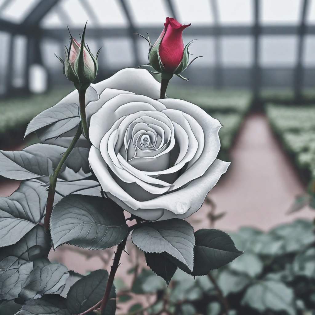 with a bud nearby, slightly tilted stem, in a greenhouse