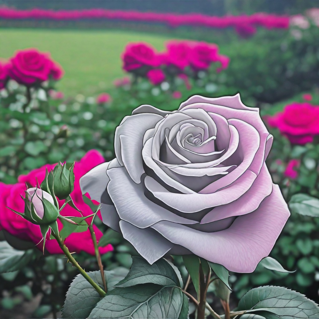 with a ribbon tied to the stem, bloom facing camera, in a flower garden