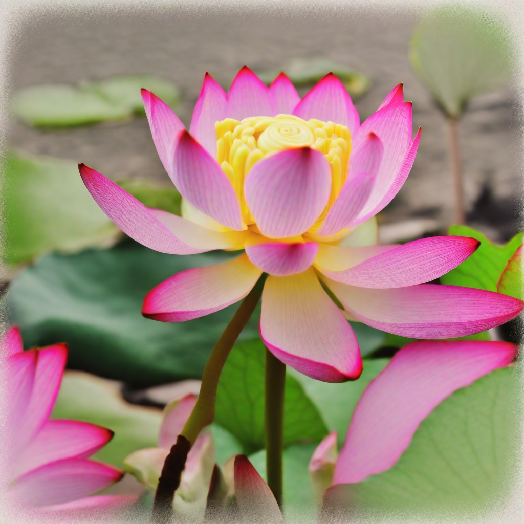 with a ribbon tied to the stem, open petals, in a botanical garden