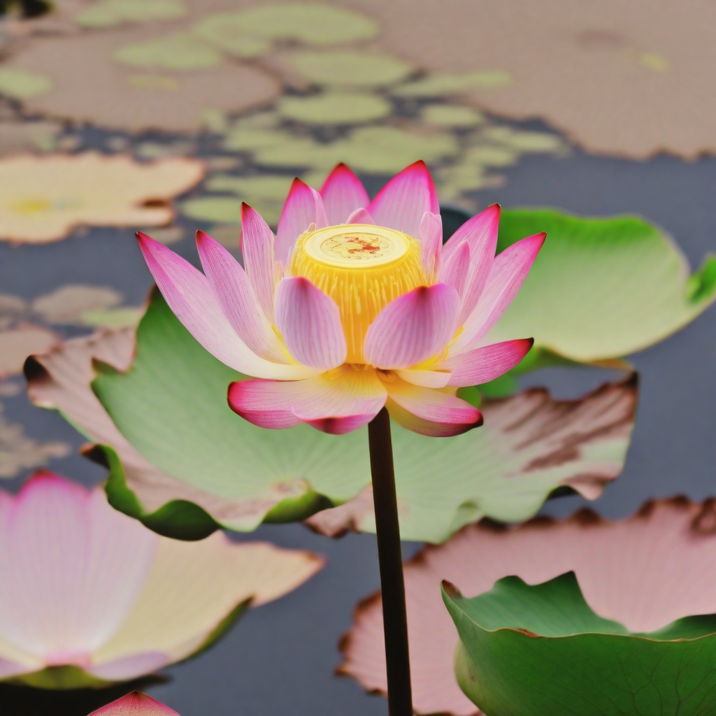 with a small tag, upright stem, in a lotus pond