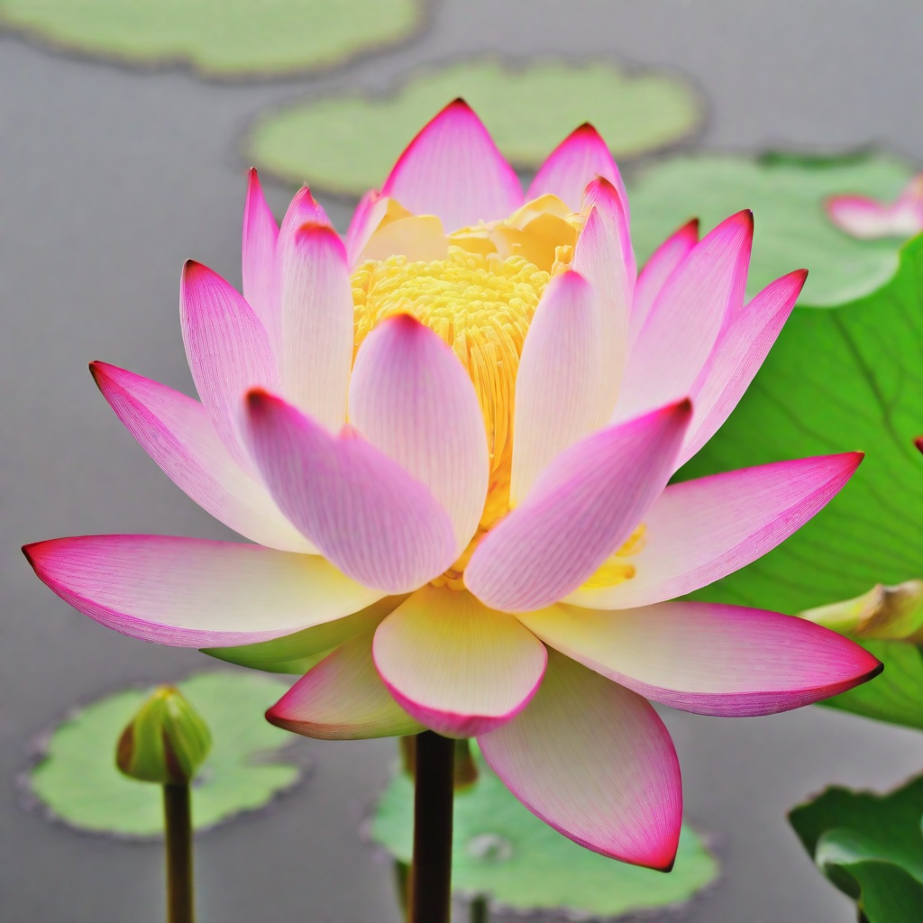 with dew drops, petals half-open, near a water garden