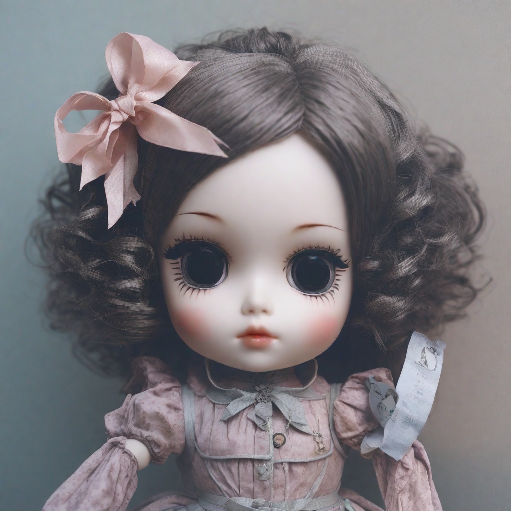 with a ribbon, facing camera, against a plain backdrop