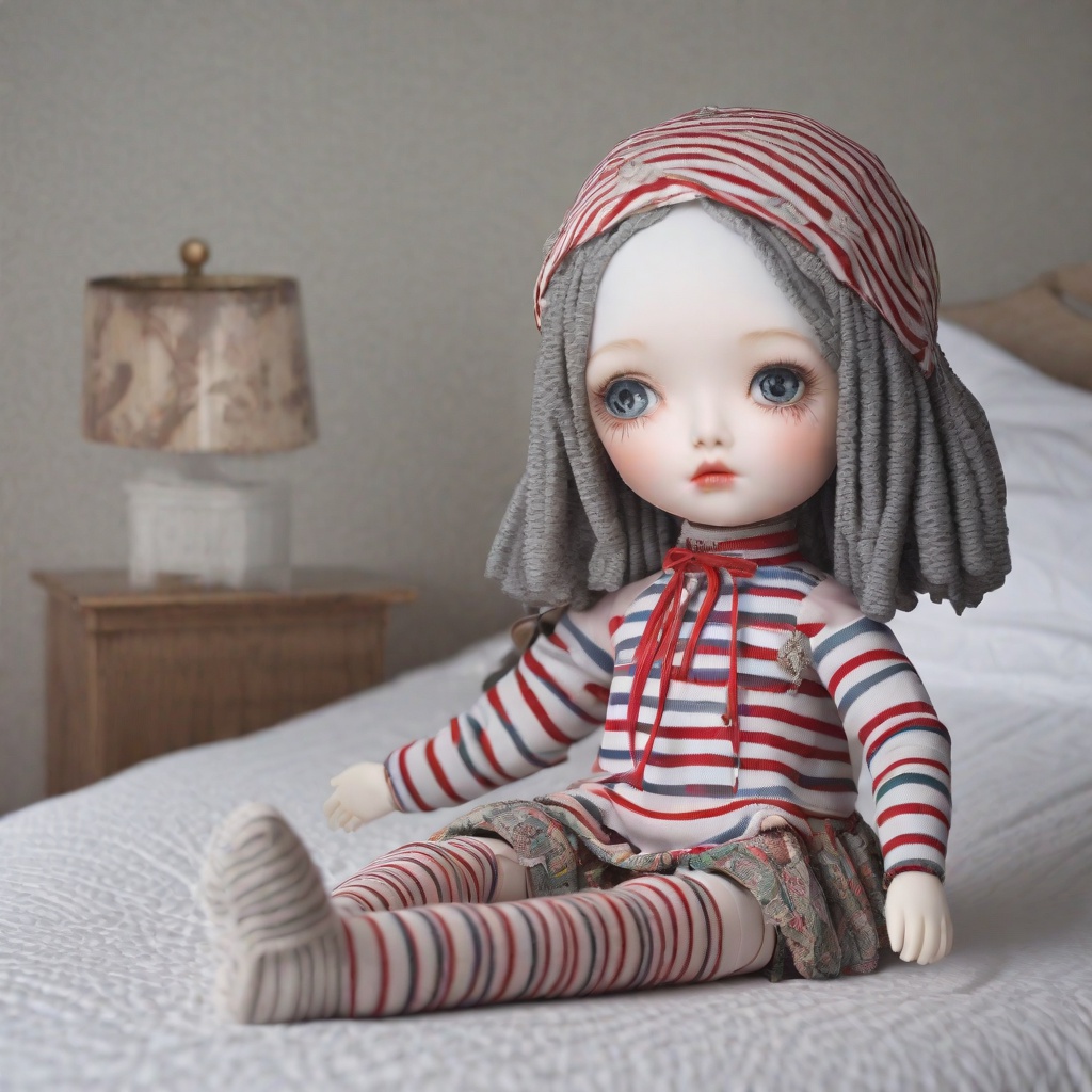 with a stripe pattern, sitting with legs forward, on a bed