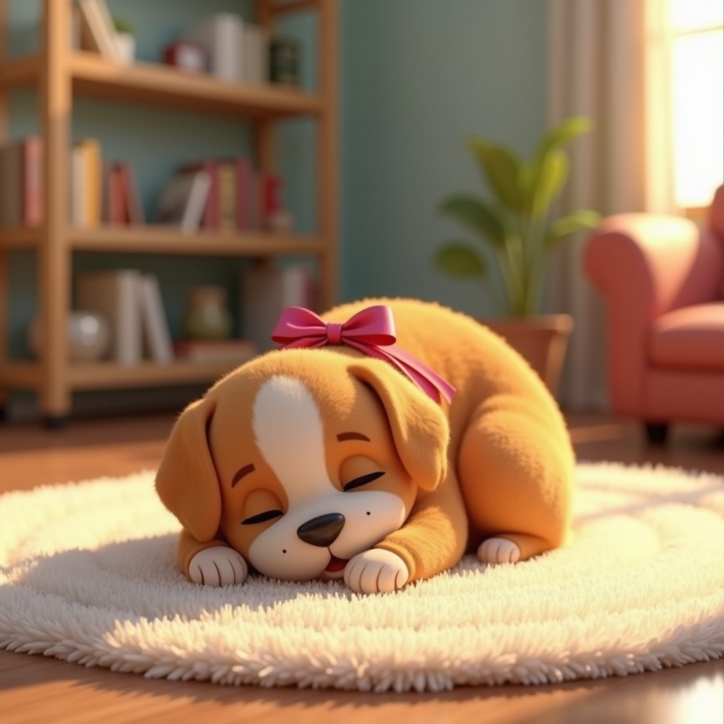 with a ribbon, lying curled up, on a cozy living-room rug