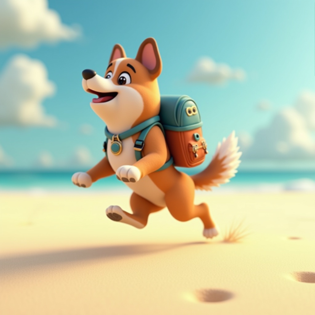 with a small backpack, jumping forward, at a sandy beach
