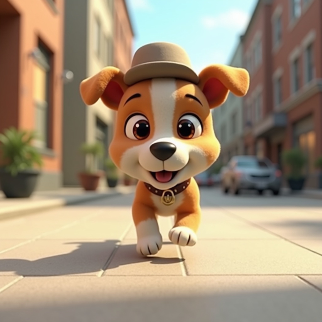 with a tiny hat, running mid-stride, on a city sidewalk