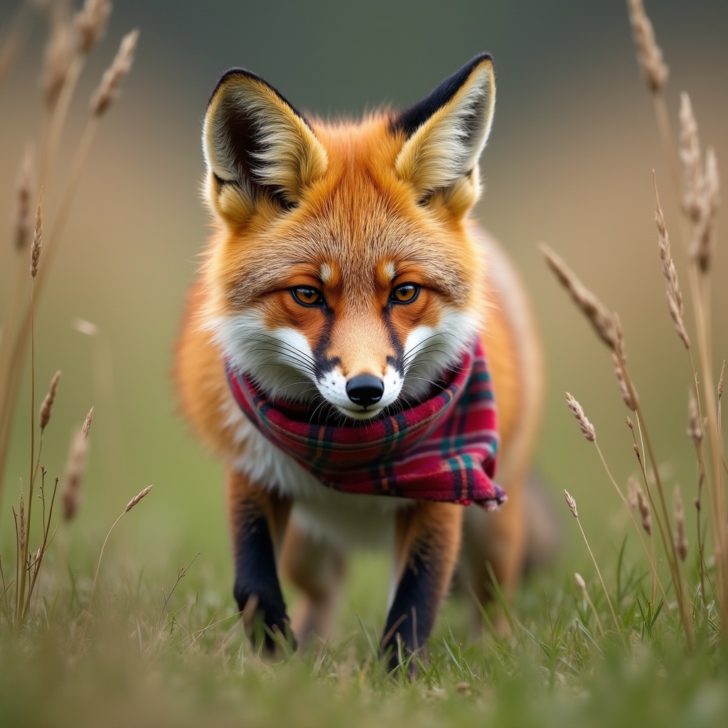 with a patterned scarf, moving low to the ground, in tall grass