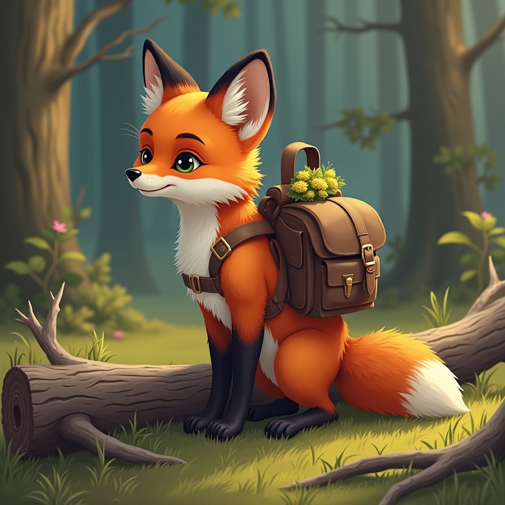 with a small backpack, ears angled back, near a fallen log
