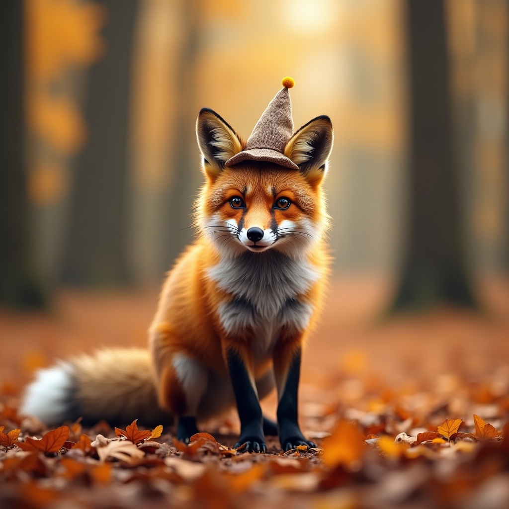 with a tiny hat, standing alert, in an autumn forest