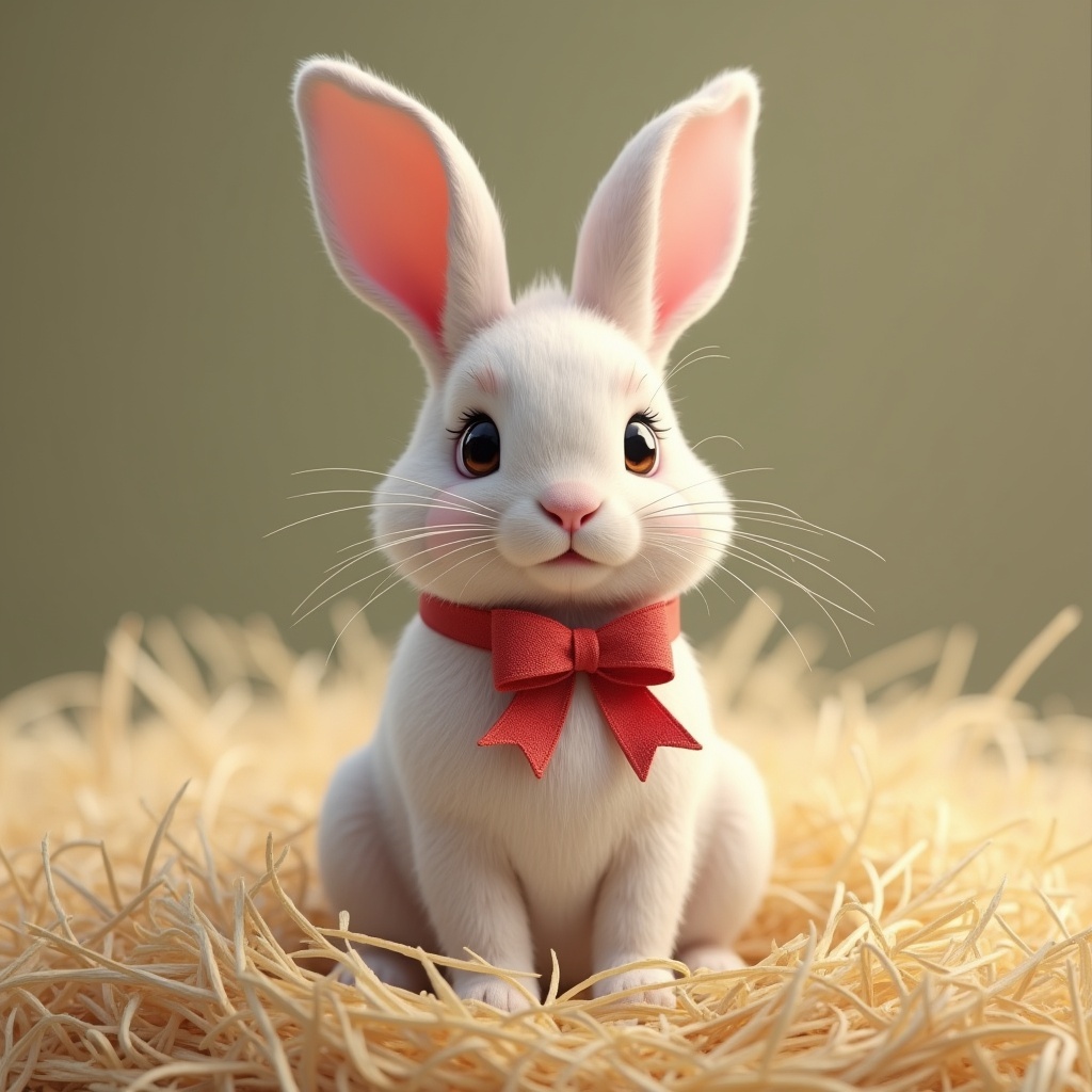 with a ribbon, sitting upright, on soft hay