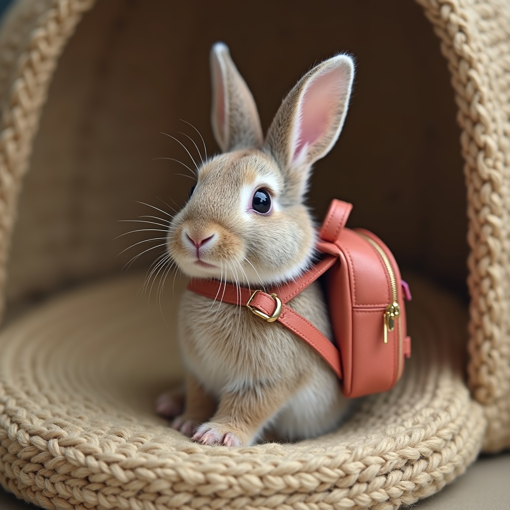 with a small backpack, lying flat, in a small pen